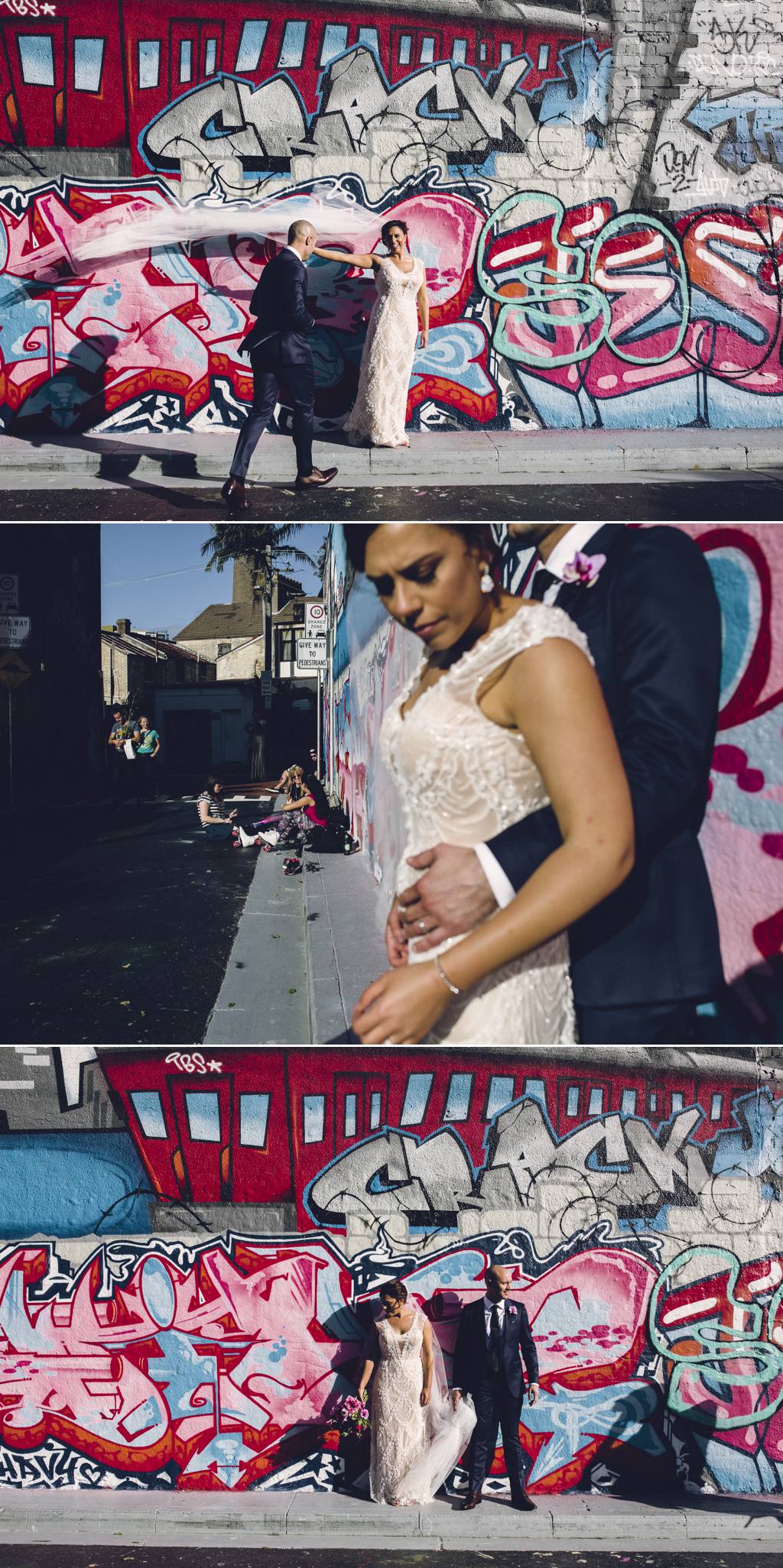 Bride with graffiti wall